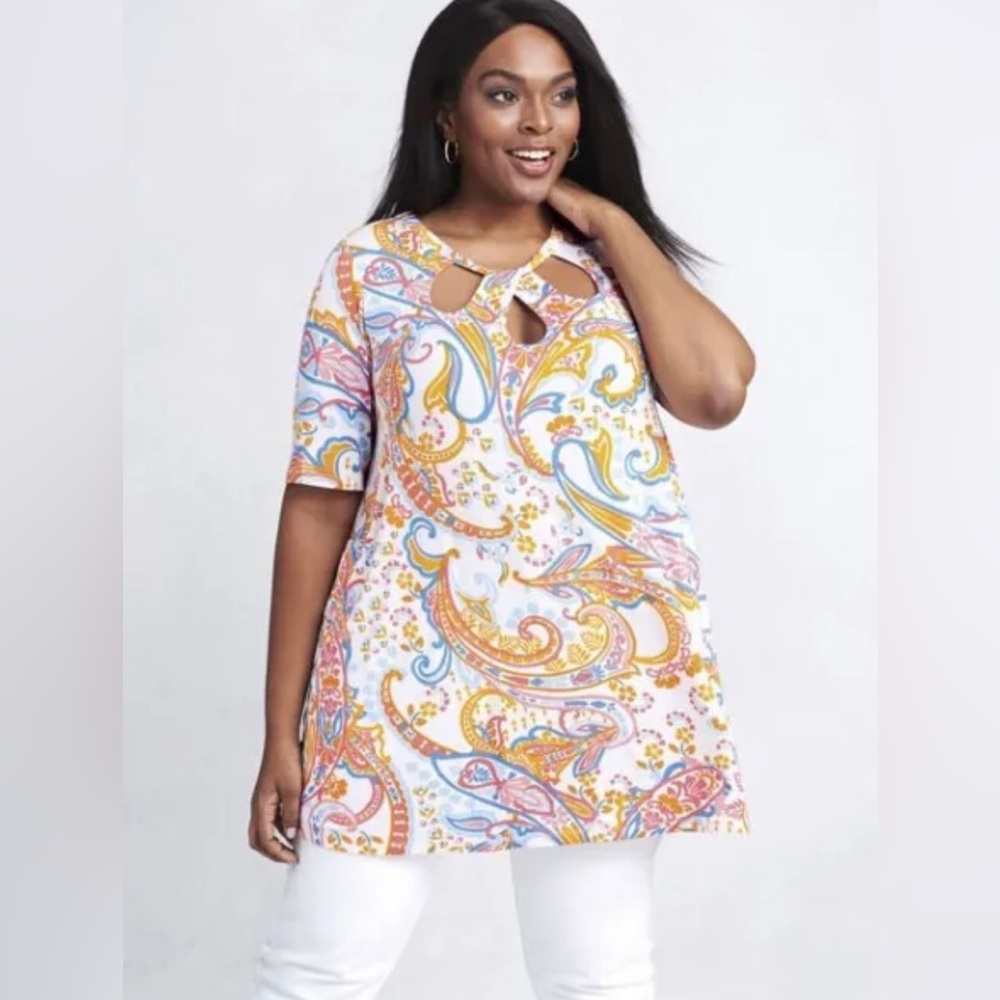 Jessica London Plus Size 26/28 Cut Out Swing Keyhole Orange/Multicolor Tunic